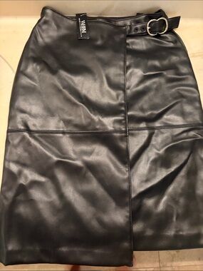 White House Black Market Black Faux Leather Pencil Skirt with Buckle Belt